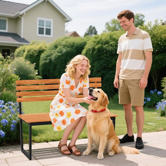 Giantex Outdoor Bench, 43"×22"×33" Acacia Wood Patio Loveseat with Backrest, Heavy Duty Metal Frame, 800 lbs Weight Capacity, 2-Person Garden Bench for Lawn, Porch, Yard and Park