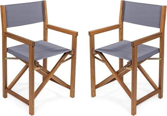 JONATHAN Y DRC1000A-SET2 Cukor Classic Vintage Outdoor Acacia Wood Folding Director Chair with Canvas Seat Mid-Century, Modern, Traditional, Bohemian, Coastal, Minimalist, Gray/Teak Brown (Set of 2)