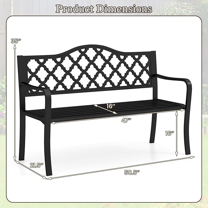 Tangkula 50.5” Metal Outdoor Park Bench, Slatted Patio Garden Bench for 2-3 People, Park-Style Loveseat with Curved Armrests, Heavy-Duty Outdoor Seating for Backyard, Lawn, Porch