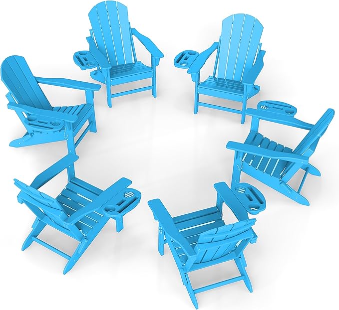 FOOWIN Folding Adirondack Chair Set of 6, HDPE Adirondack Chairs with Cup Holder, Weather Resistant Plastic Fire Pit Chairs for Outdoor, Patio, Lawn, Garden, Backyard, Deck, Pacific Blue