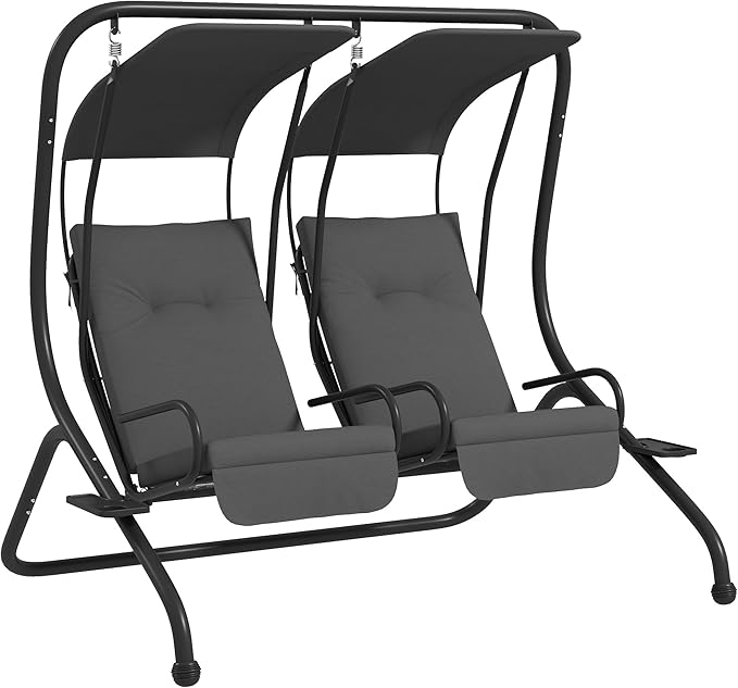 Outsunny Patio Swing Chair with 2 Separate Seats, Outdoor Swing with Removable Canopy and Cup Holders for Porch, Garden - Photo 1