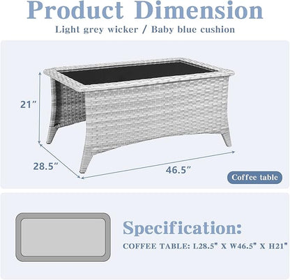 Belord Outdoor Coffee Table with Tempered Glass Top, Patio Rectangular Light Grey Wicker Table, Handwoven Rattan Coffee Table Compatible with Patio Furniture Sets for Porch Deck Backyard