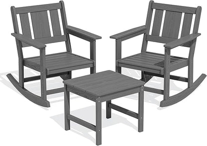 SERWALL Outdoor Rocking Chair Set of 2 with Side Table, All-Weather HDPE 3 Piece Patio Furniture Set, Outdoor Bistro Set with Pre-Drilled Hole for Porch Deck Lawn Balcony, Grey