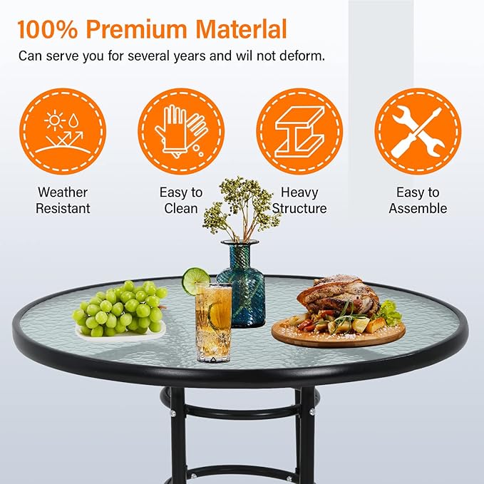 Outdoor Table Patio Table Dining Table with Tempered Glass Umbrella Hole for Lawn Balcony, Yard (Round)