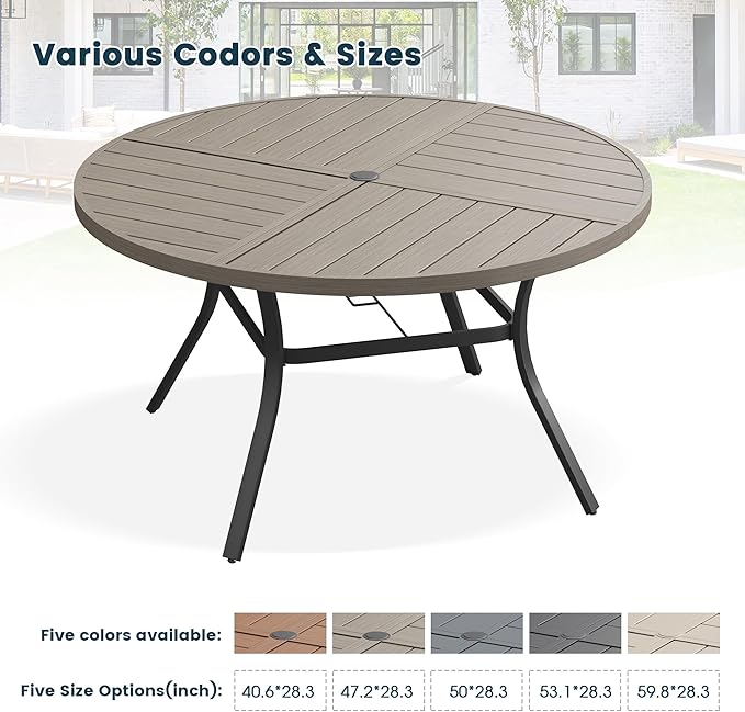 Patio Dining Table for 6-8, Round Metal Outdoor Table with Storage Shelf, 1.57" Umbrella Hole, 53" Outdoor Quartered Tabletop Dining Table for Backyard, Porch, Lawn, Grey