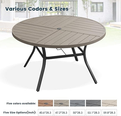 Patio Dining Table for 6-8, Round Metal Outdoor Table with Storage Shelf, 1.57" Umbrella Hole, 53" Outdoor Quartered Tabletop Dining Table for Backyard, Porch, Lawn, Grey