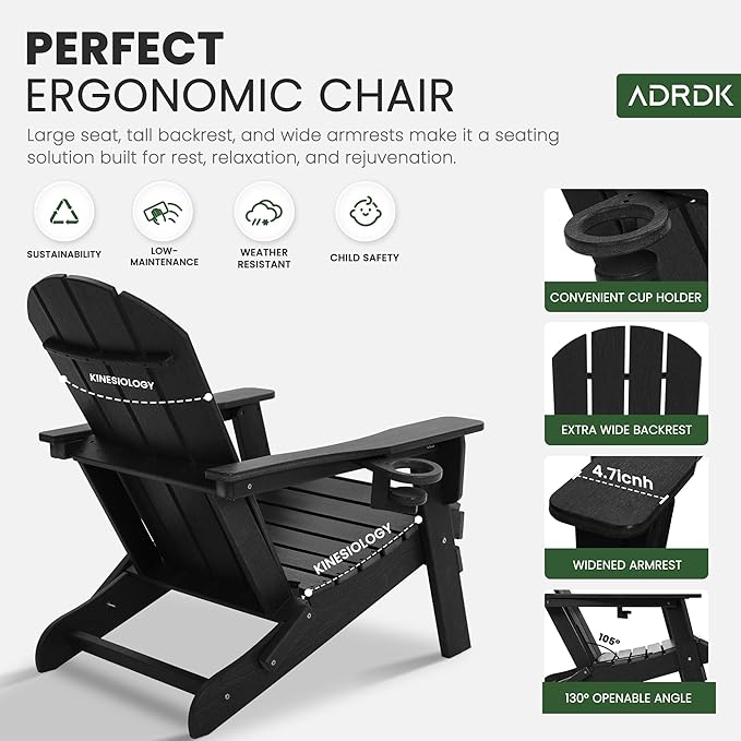 Folding Adirondack Chair with Cup Holder, HDPE All-Weather Folding Patio Chair, Outdoor Patio Adirondack Chair for Lawn Porch Garden Backyard Deck Fire Pit, Black