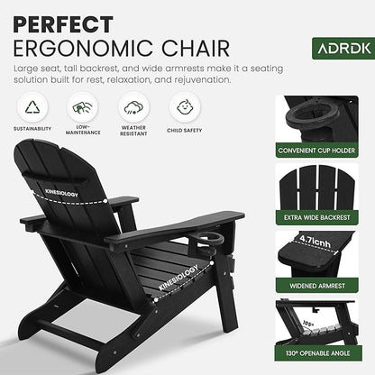 Folding Adirondack Chair with Cup Holder, HDPE All-Weather Folding Patio Chair, Outdoor Patio Adirondack Chair for Lawn Porch Garden Backyard Deck Fire Pit, Black