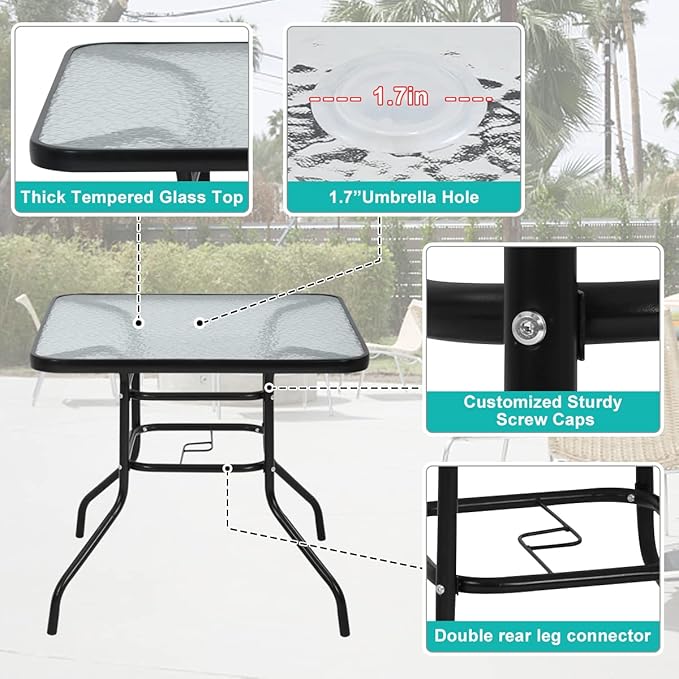 32" Square Outdoor Dining Table - Tempered Glass Top with Umbrella Hole - Photo 7