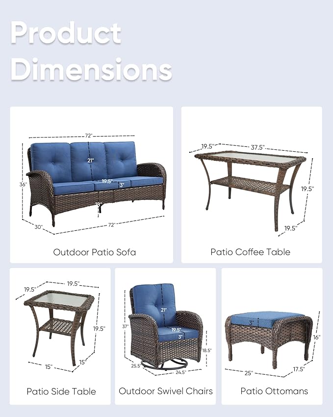 7 Pieces Patio Furniture-Swivel Patio Chairs Set of 2 Outdoor Wicker Rattan Sofa Couch with Ottoman Outdoor - Photo 2