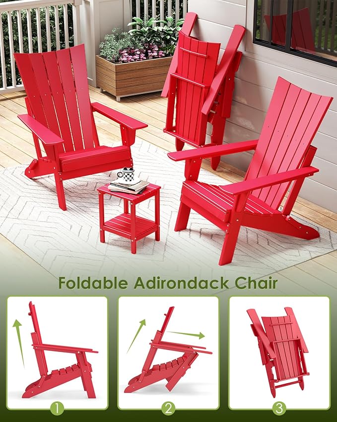 GREENVINES Folding-Adirondack-Chairs-Set-of-6 | HDPE Plastic | Arch Series | Fire Pit Chair | All Weather | for Outdoor Patio Deck Backyard Poolside | Red