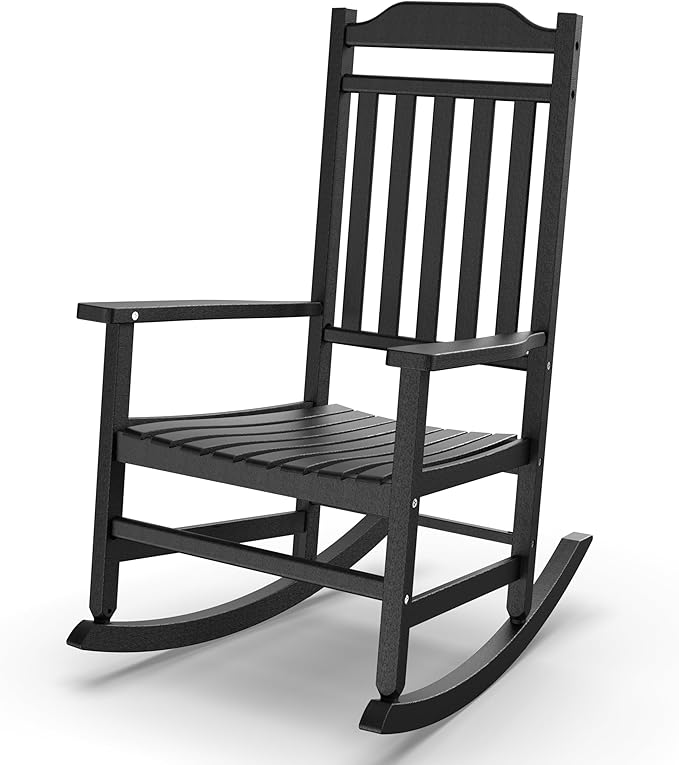 Outdoor Rocking Chair Set of 1,Porch Rocker All Weather Resistant Porch Rocker for Lawn Garden High Back Armrest Set of 1 (Black)