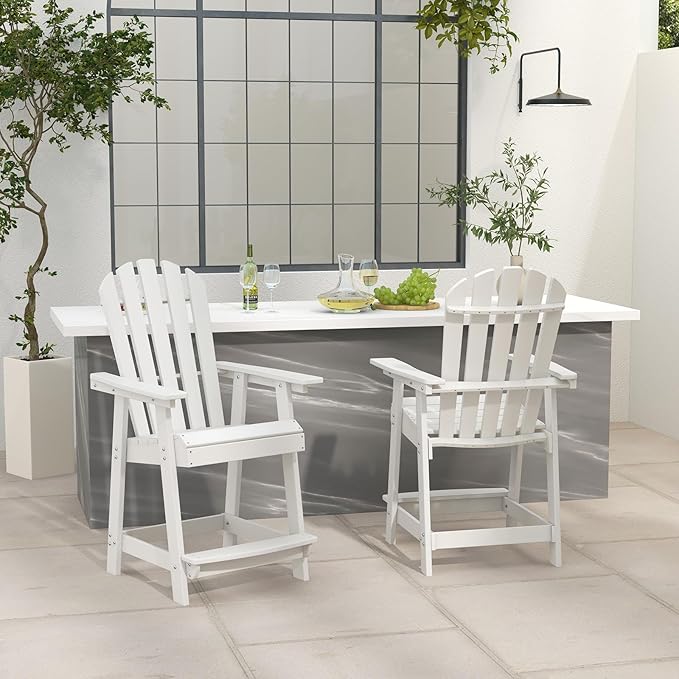 Giantex Tall Adirondack Chair Set of 2, HDPE Outdoor Bar Stools with Armrests, 4.5” Wide Footrest, Patio Adirondack Barstools, All-Weather Balcony Chairs for Poolside, Garden, Backyard (2, White)