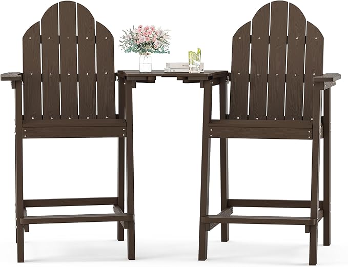 LUE BONA Tall Adirondack Chair Set of 2, All Weather HDPS Bar Height Adirondack Chair with Detachable Table & Umbrella Hole, Adirondack Barstools for Patio, Deck, Backyard & Commercial Use Dark Brown