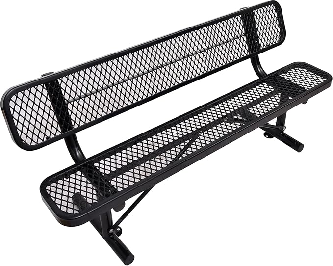 6Ft Heavy Duty Park Bench with Back Portable Frame, Outdoor Steel Bench with Backrest, Expanded Metal Mesh Bench for Lawn, Park, Deck, Garden, Patio, Porch, Black