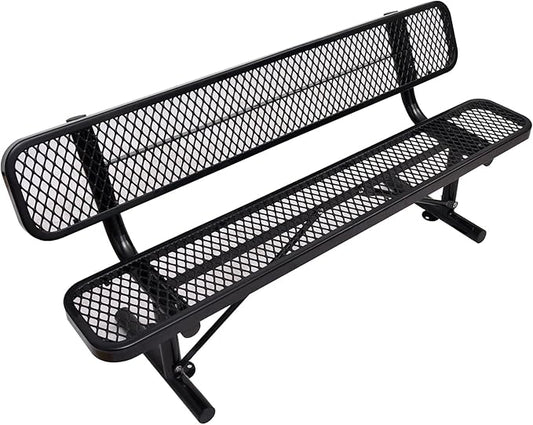 6Ft Heavy Duty Park Bench with Back Portable Frame, Outdoor Steel Bench with Backrest, Expanded Metal Mesh Bench for Lawn, Park, Deck, Garden, Patio, Porch, Black