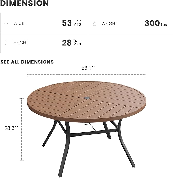 Patio Dining Table for 6-8, Round Metal Outdoor Table with Storage Shelf, 1.57" Umbrella Hole, 53" Outdoor Quartered Tabletop Dining Table for Backyard, Porch, Lawn, Walnut