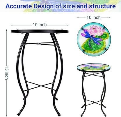 Lotus-Leaf Dragonfly Small Patio Table,Outdoor Side Bar Table, 10 Inch Metal Glass End Table for Porch Garden Yard Pool Living Room Mother's Day Decor, Mother's Day Decoration Gift