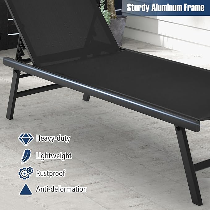 Tangkula 3 Piece Patio Chaise Lounge Set, Aluminum Patio Recliner with Coffee Table, 6-Level Backrest Adjustment, Outdoor Lounge Chair & Side Table Set for Poolside, Backyard (Black)