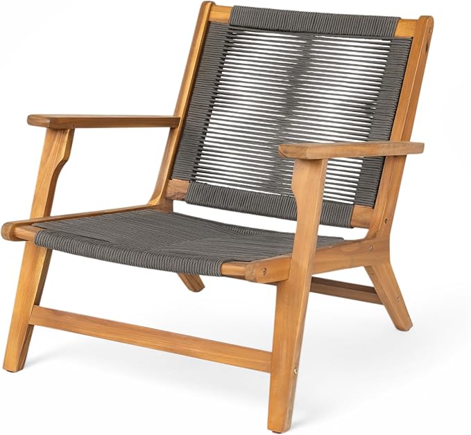 Christopher Knight Home Veera Patio Lounge Chair Set of 2, Acacia Wood Frame, Handwoven Rope, Mid-Century Modern, Dark Grey & Teak