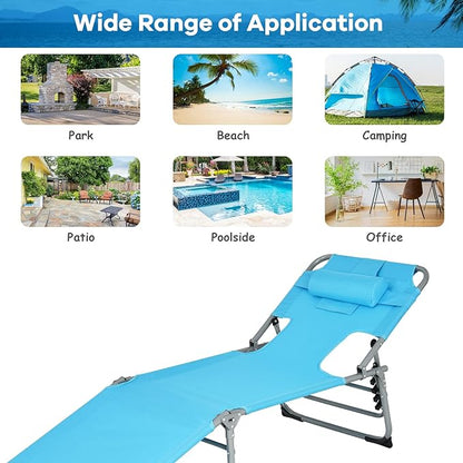 Tangkula Tanning Chair with Face Hole, Patio Folding Adjustable Reclining Beach Sunbathing Lounge Chair with Side Pocket, Portable Face Down Chaise Lounge for Outdoor Backyard Poolside (2)