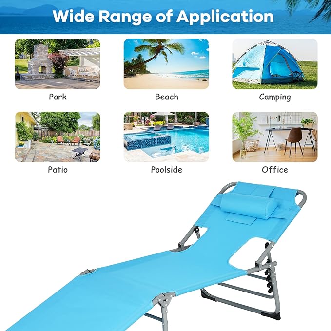 Tangkula Tanning Chair with Face Hole, Patio Folding Adjustable Reclining Beach Sunbathing Lounge Chair with Side Pocket, Portable Face Down Chaise Lounge for Outdoor Backyard Poolside (1)