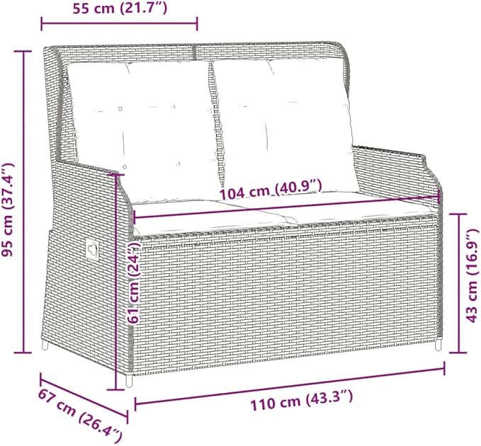 2-Seater Reclining Patio Bench with Cushions, Outdoor Synthetic Poly Rattan Loveseat with Adjustable Backrest - Photo 2