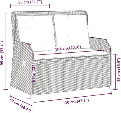 2-Seater Reclining Patio Bench with Cushions, Adjustable Garden Loveseat, Weather-Resistant PE Rattan Outdoor Sofa for Backyard, Balcony, Gray