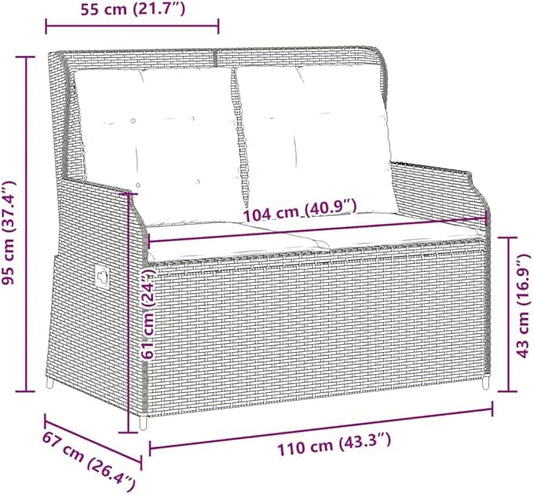 2-Seater Reclining Patio Bench with Cushions, Adjustable Garden Loveseat, Weather-Resistant PE Rattan Outdoor Sofa for Backyard, Balcony, Gray