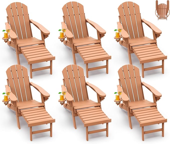 GREENVINES Adirondack-Chairs-with-Ottoman | Set of 6 | Folding | Retractable-Footrest | HDPE Plastic | All Weather Fire Pit Chair | Cup Holders | Teak | for Outdoor Poolside