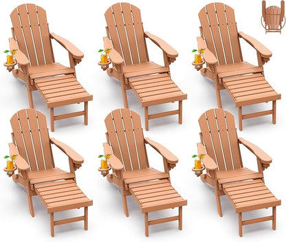 GREENVINES Adirondack-Chairs-with-Ottoman | Set of 6 | Folding | Retractable-Footrest | HDPE Plastic | All Weather Fire Pit Chair | Cup Holders | Teak | for Outdoor Poolside