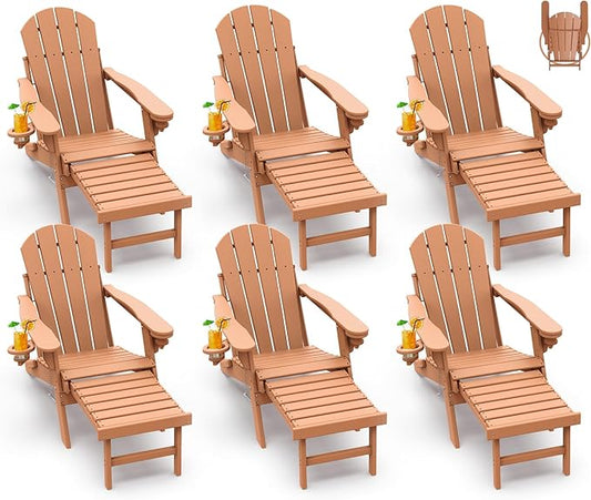 GREENVINES Adirondack-Chairs-with-Ottoman | Set of 6 | Folding | Retractable-Footrest | HDPE Plastic | All Weather Fire Pit Chair | Cup Holders | Teak | for Outdoor Poolside