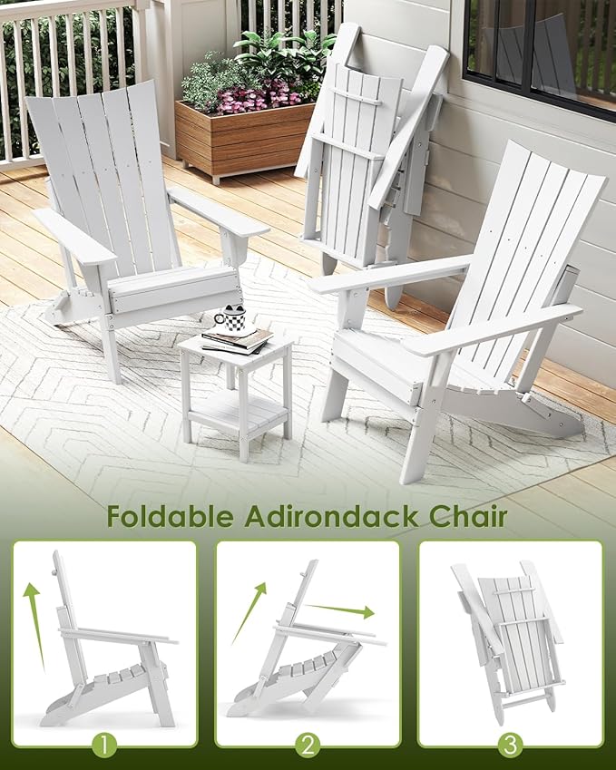 GREENVINES Folding-Adirondack-Chairs-Set-of-4 | HDPE Plastic | Arch Series | Fire Pit Chair | All Weather | for Outdoor Patio Deck Backyard Poolside | White
