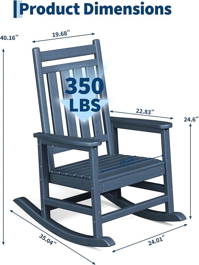 HDPE Rocking Chair Outdoor Set of 2 - Poly High Back Porch Rocker Chairs for Adults - All Weather Resistant Furniture for Patio Front Porch - Navy Blue