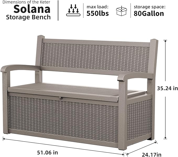 Vixzen 80 Gallon Outdoor Storage Bench Deck Box, Lockable All-Weather Resin Seating with Hidden Storage, Waterproof Patio Furniture for Garden, Pool, Gray
