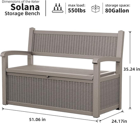 Vixzen 80 Gallon Outdoor Storage Bench Deck Box, Lockable All-Weather Resin Seating with Hidden Storage, Waterproof Patio Furniture for Garden, Pool, Gray