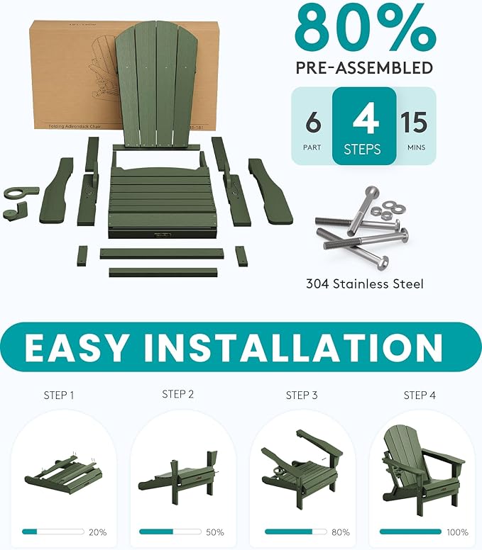 SERWALL Adirondack Chair Set of 4, Weather Resistant HIPS Patio Chairs with Cup Holder for Patio Garden Outdoors Fire Pit- Army