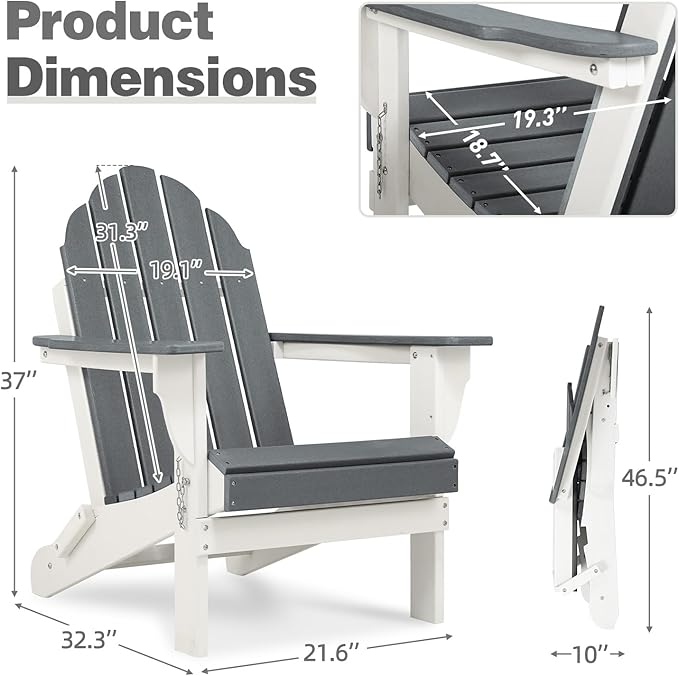 Aoodor HDPE Outdoor All-Weather Folding Adirondack Chair for Patio, Garden, Backyard, Lawn, Fire Pit, Set of 2, Gray