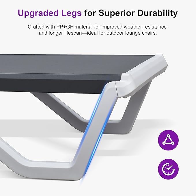 PURPLE LEAF Outdoor Chaise Lounge Set of 3 Plastic Pool Lounge Chair with Metal Side Table Patio Stackable Lounger Chair for Poolside Sunbathing Beach Deck Yard, Grey
