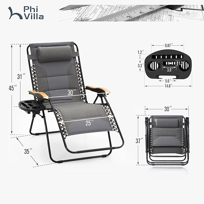 PHI VILLA XXL Oversized Padded Zero Gravity Chair, Foldable Patio Recliner, 30" Wide Seat Anti Gravity Lounger with Cup Holder, Support 400 LBS (Light Gray)