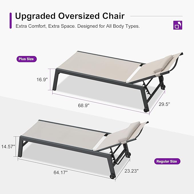 PURPLE LEAF Outdoor Oversized Lounge Chair Set Patio Chaise Pool Lounger Aluminum Frame with 2 Side Table and Wheels for Outside Sunbathing Tanning Recliner Including Pillows Beige
