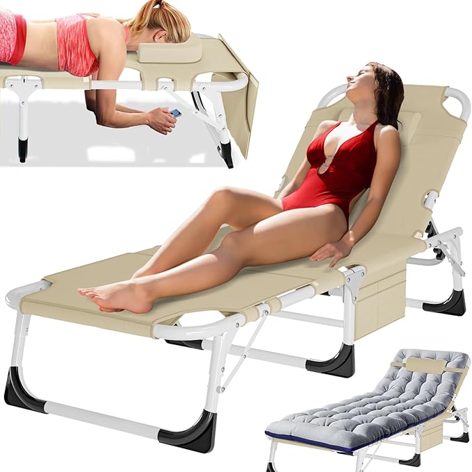 MOPHOTO Oversized Beach Lounge Chair, 5-Position Adjustable Tanning Chair with Face Hole, Heavy Duty Folding Chaise Lounge for Beach, Pool, Patio & Sunbathing