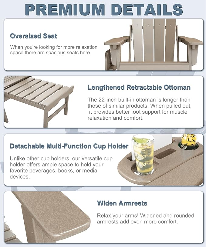 Adjustable Adirondack Chair with Retractable Ottoman Set of 2, HDPE Folding Adirondack Chair with Cup Holder, All Weather Fire Pit Chair for Outdoor.