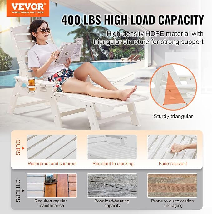 VEVOR Chaise Lounge Chair, 400 lbs Weight Capacity, 6 Positions Adjustable Patio Lounge Chair - Photo 4