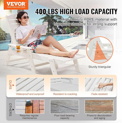 VEVOR Chaise Lounge Chair, 400 lbs Weight Capacity, 6 Positions Adjustable Patio Lounge Chair, Outdoor HDPE Lounge Chair with Backrest & Cup Holder, for Pool Poolside Deck Backyard Lawn, White