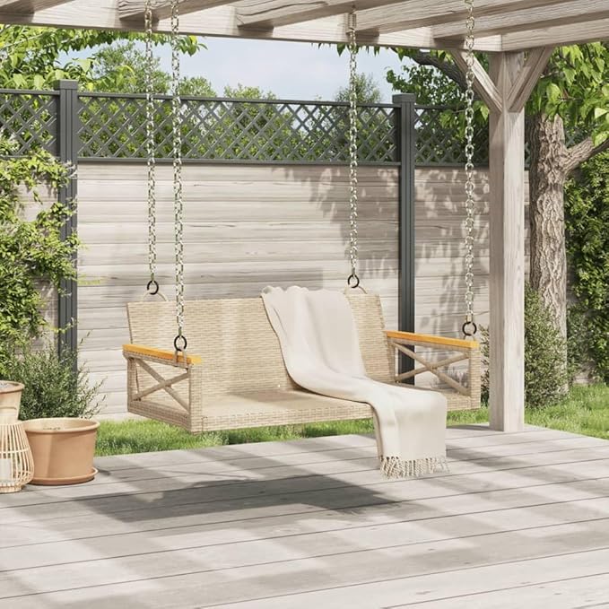 Beige Poly Rattan 2-Seater Patio Swing Bench with Cushions, Weather-Resistant Outdoor Furniture for Garden - Photo 3