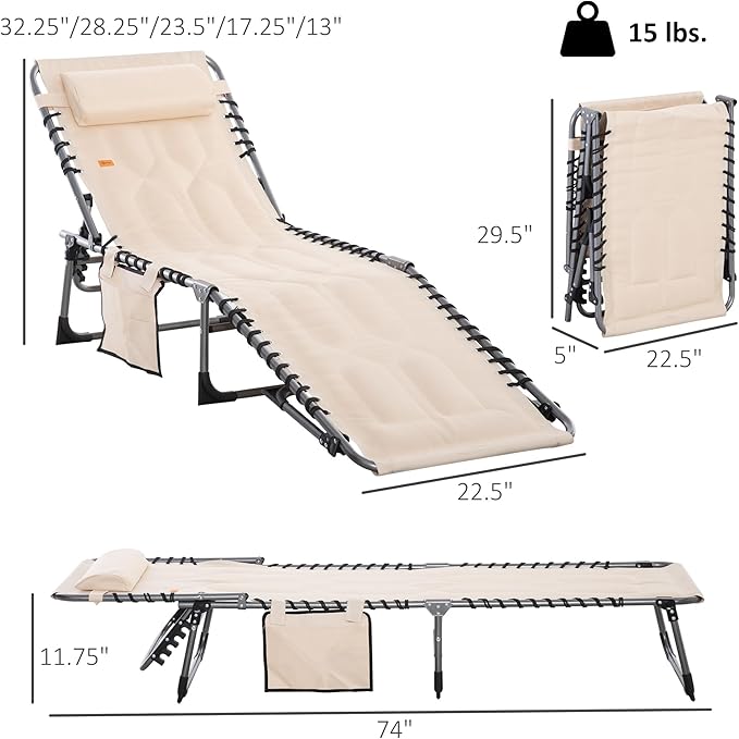 Outsunny Padded Folding Chaise Lounge Chair, Outdoor 6-Level Reclining Camping Tanning Chair with Headrest for Beach, Yard, Patio, Pool, Beige