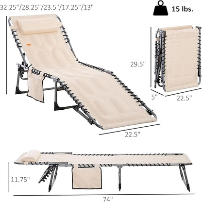Outsunny Padded Folding Chaise Lounge Chair, Outdoor 6-Level Reclining Camping Tanning Chair with Headrest for Beach, Yard, Patio, Pool, Beige