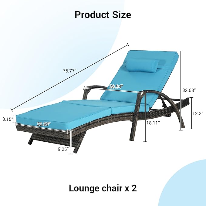 KEIKI Wicker Outdoor Chaise Lounge Chairs Set of 2 for Patio & Pool Side with 5-Level Adjustable Backrest and Cushions - Photo 2