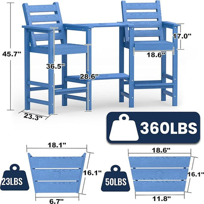 PLUUV Tall Adirondack Chairs Set of 2, All Weather HDPE Poly Bar Height Balcony Adirondack Chair with Removable Double Connecting Trays, Outdoor Adirondack Barstools for Deck, Patio, Yard, Pool, Lawn